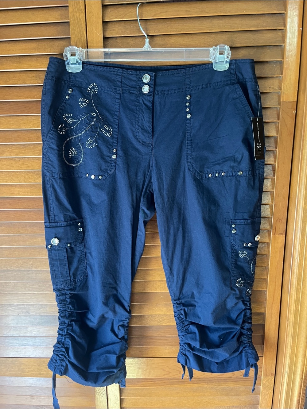 International Concepts Women’s Navy Embellished Cargo Capris NWT Size 14